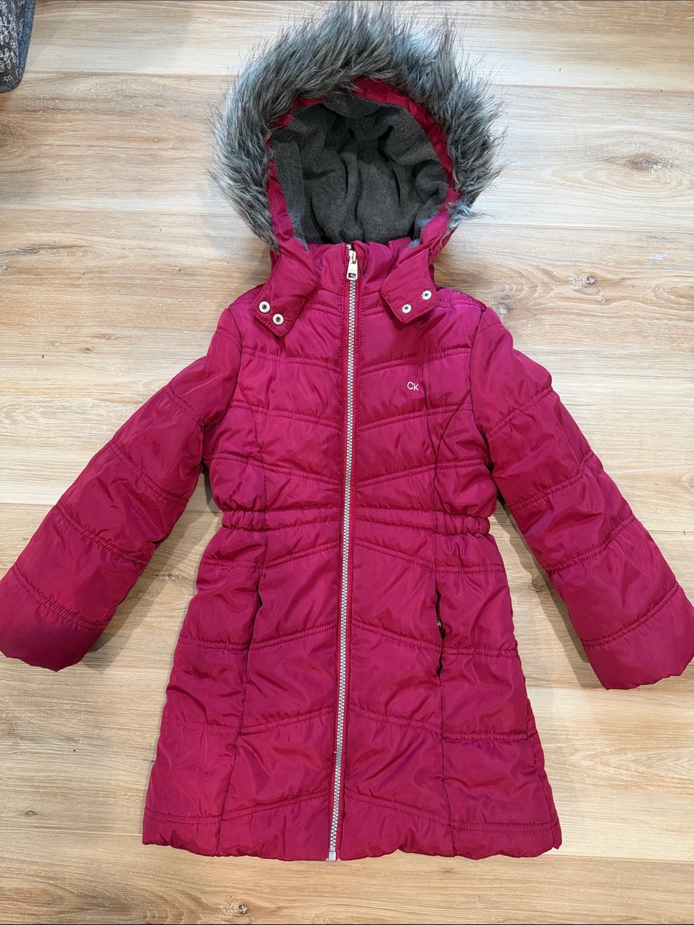 Calvin Klein Girls Deep Pink Hooded Puffer Coat with Faux Fur Trim